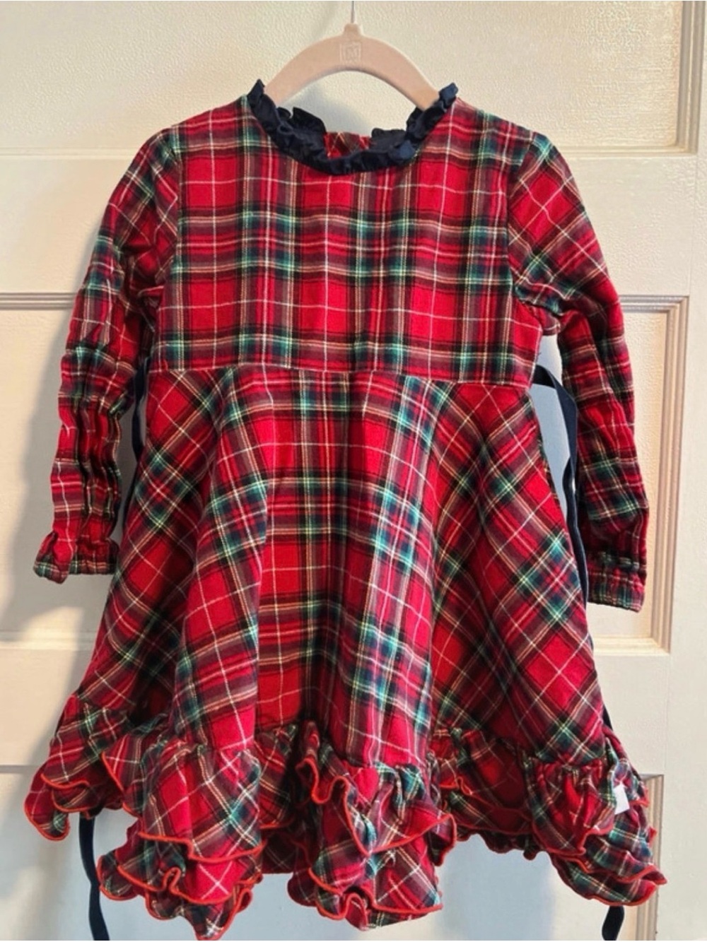 SweetHoney Red Plaid Ruffle-Hem Girls' Dress with Navy Trim 4t